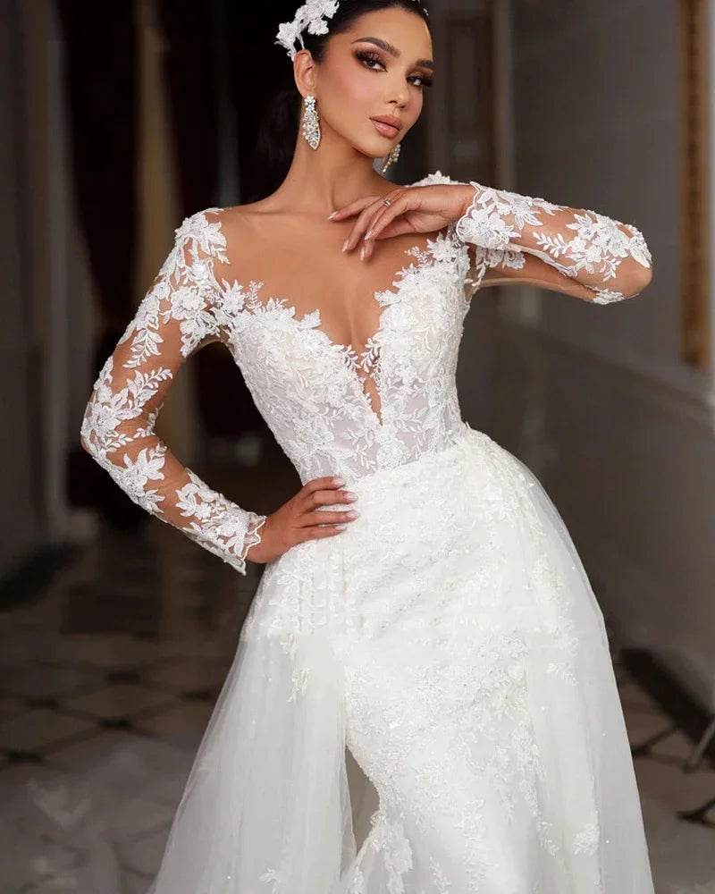 Romantic Long Sleeve Mermaid Wedding Dress - Appliques & Train - Buy Center UK