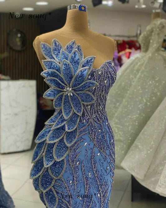 Long Blue Glitter Mermaid Evening Dress - Elegant 3D Leaf Designs - Buy Center UK
