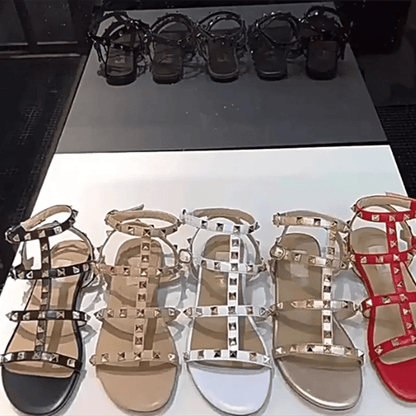 Women’s Gold Rivets Sandals - Soft Leather Flats in Purple Red - Buy Center UK