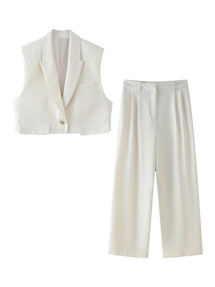 Elegant Women's Vest Pant Set - V-Neck Sleeveless Top & Wide-Leg Pants - Buy Center UK