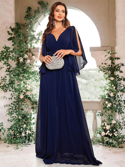 Luxury Navy Chiffon Evening Dress - High Split V-Back Gown - Buy Center UK