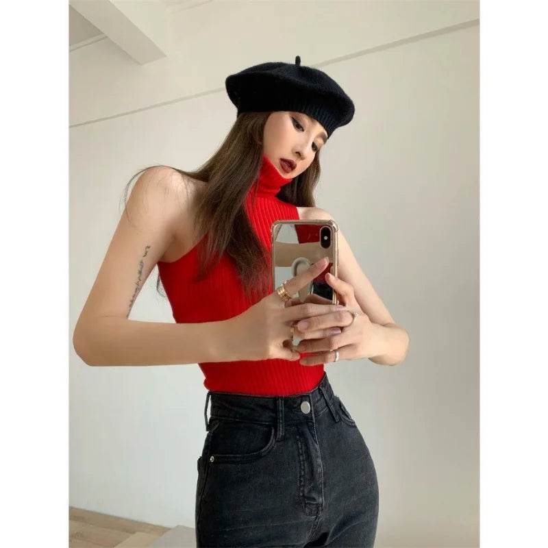 Buy Center Y2K Turtleneck Off-Shoulder Tank Top - Knitted Comfort - Buy Center UK