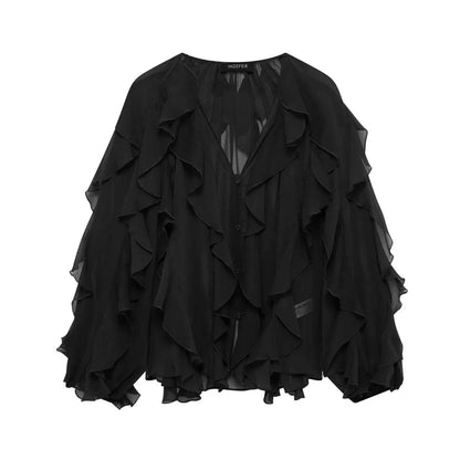 Ruffles Elegant Long Sleeve Blouse for Women - Lightweight Spring Style - Buy Center UK