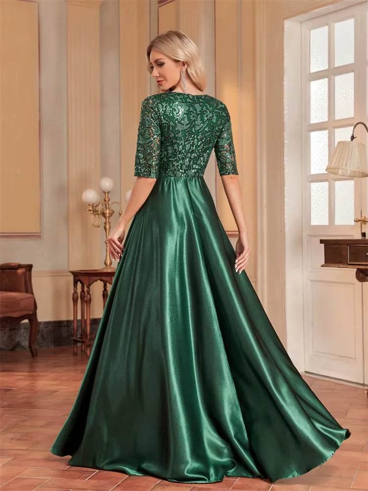 Luxury Green Satin V-Neck Evening Dress with Sequins for Women - Buy Center UK
