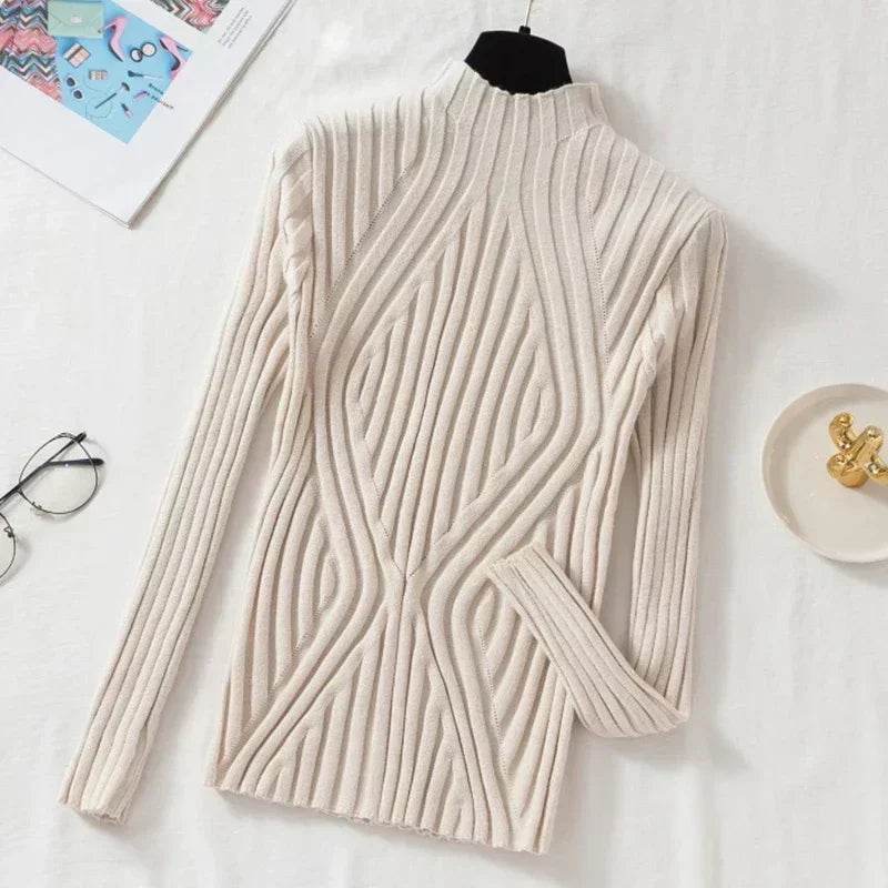 Chic Women’s Knitted Pullover Sweater - Half Turtleneck, Slim Fit - Buy Center UK