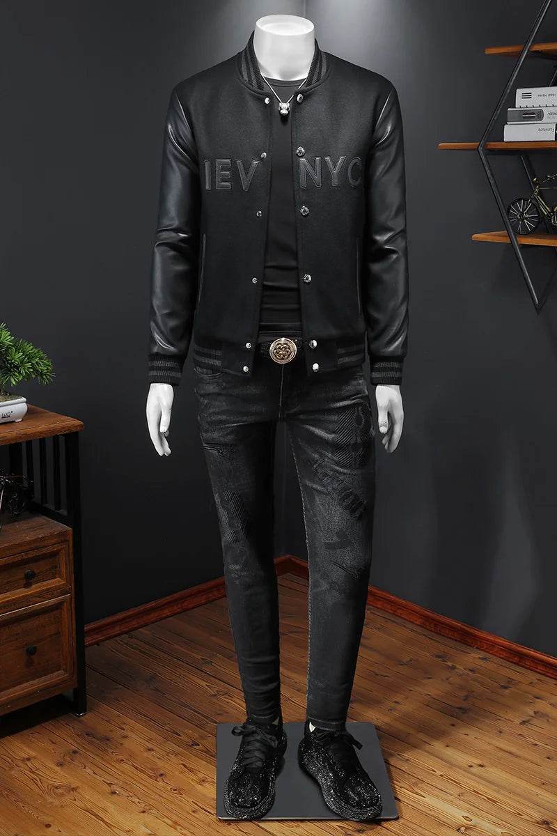 Buy Center Slim Fit Baseball Jacket - Stand Up Collar, Fabric Splicing - Buy Center UK