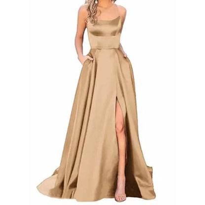 Buy Center Long Backless Satin Dress - Sexy Side Slit Evening Gown - Buy Center UK