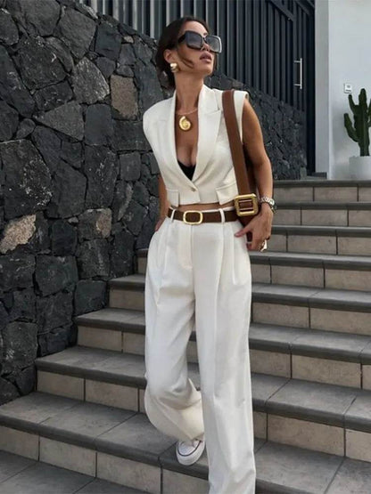 2024 Elegant Sleeveless Blazer & Wide Pants Set - V-Neck Style - Buy Center UK
