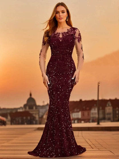 Romagic O Neck Long Sleeve Floral Sequin Dress - Elegant Party Wear - Buy Center UK