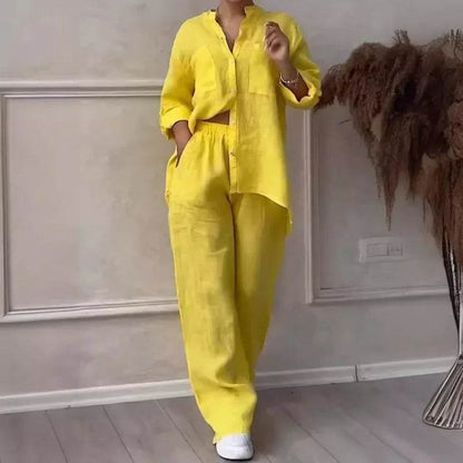 Buy Center Women's Linen Drawstring Shirt & Wide Leg Pants Set - Buy Center UK