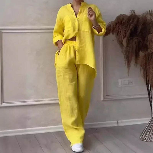 Buy Center Women's Linen Drawstring Shirt & Wide Leg Pants Set - Buy Center UK