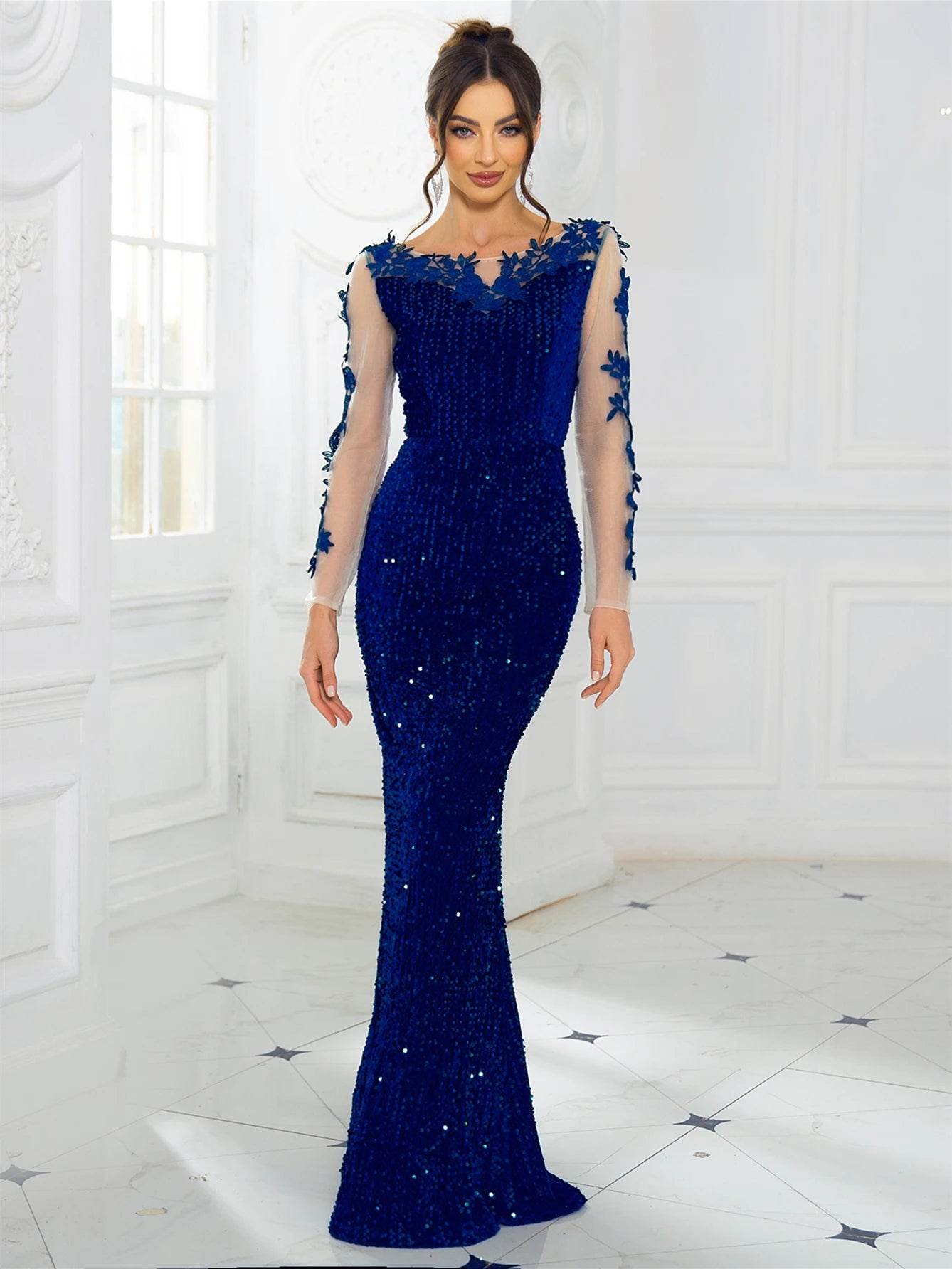 Romagic O Neck Long Sleeve Floral Sequin Dress - Elegant Party Wear - Buy Center UK