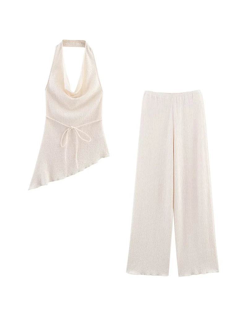 TFMLN Women Pant Sets - Asymmetrical Hem Lace-Up Top & Straight Pants - Buy Center UK