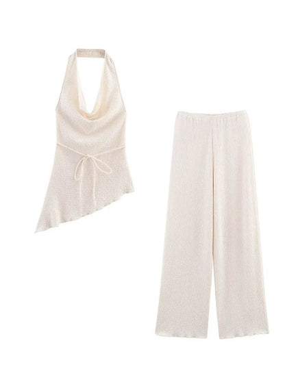 TFMLN Women Pant Sets - Asymmetrical Hem Lace-Up Top & Straight Pants - Buy Center UK