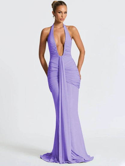 Mozision Sexy Deep V Neck Backless Maxi Dress - Halter Gown for Women - Buy Center UK