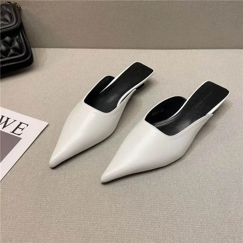 Buy Center Women's White Pointed Toe Mules - Comfortable Low Heel Slides - Buy Center UK