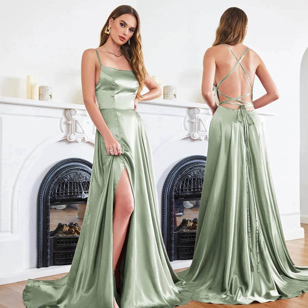 Dusty Green Satin Prom Dress - Backless Halter Neck A-Line Gown - Buy Center UK