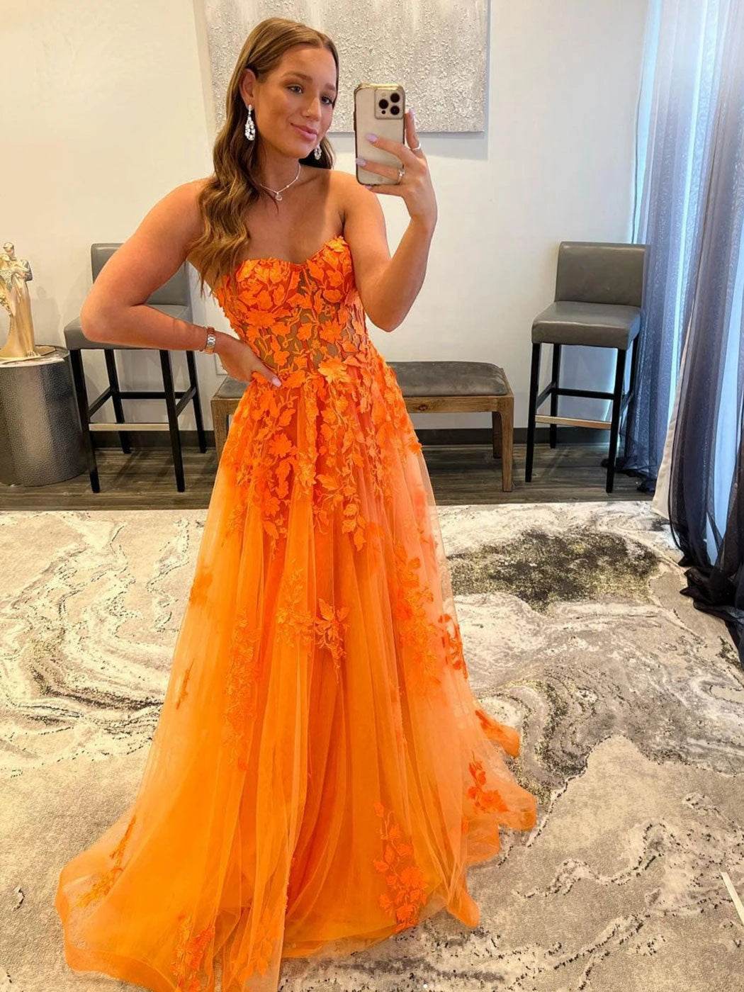 Elegant Orange Lace Appliques Prom Dress - Sweetheart A-Line Gown - Buy Center UK