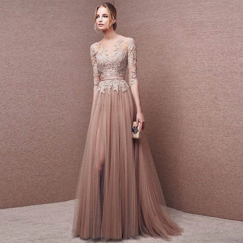 Elegant Scoop Neckline Tulle Dress - Lace Appliqué & High Split - Buy Center UK