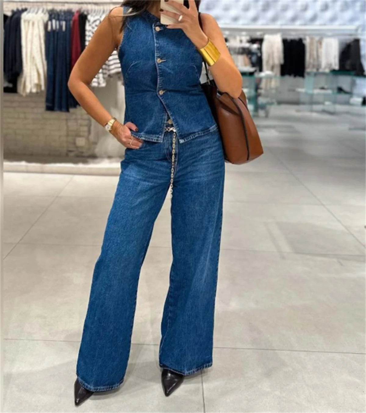 Buy Center Women Jeans 2 Piece Set - Chic Vest & Wide Leg Pants - Buy Center UK