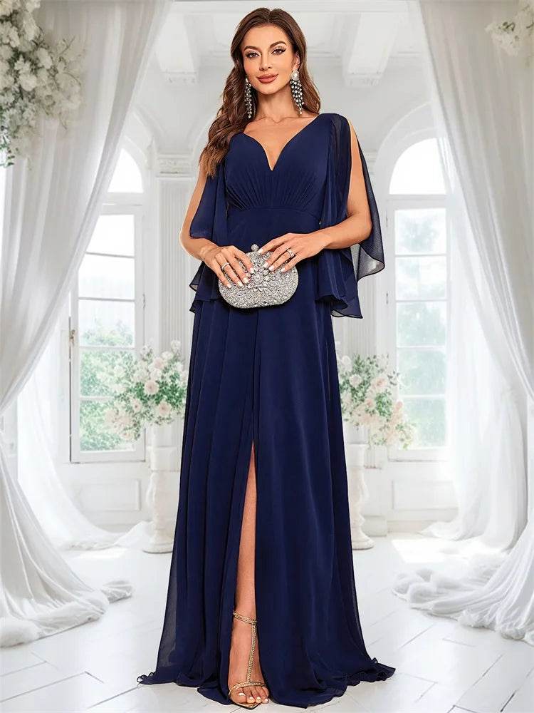 Luxury Navy Chiffon Evening Dress - High Split V-Back Gown - Buy Center UK