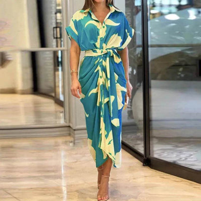 Buy Center Bohemia Shirt Print Dress - Loose Fit, Turn-Down Collar - Buy Center UK