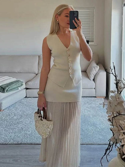 Buy Center Knitted V-neck Patchwork Skirt Set - Summer Slim Fit - Buy Center UK