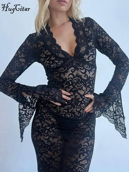 Hugcitar Floral Print V Neck Maxi Dress - Sexy Long Sleeve Dress - Buy Center UK
