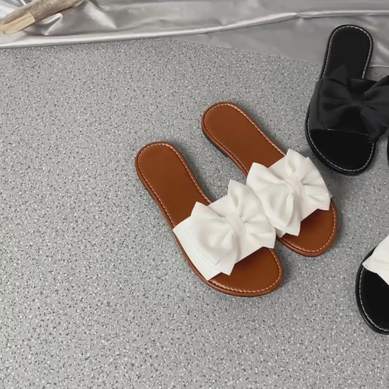 Chic Womens White Bowknot Slide Sandals  Casual Open Toe Flat Heel Faux Cover Summer Shoes for Indoor  Outdoor Wear Summer FootwearStylish FootwearFaux Cover Sandals