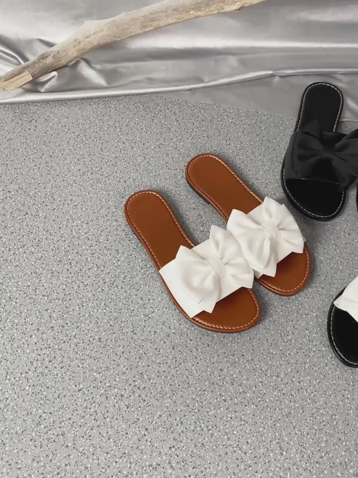 Chic Womens White Bowknot Slide Sandals  Casual Open Toe Flat Heel Faux Cover Summer Shoes for Indoor  Outdoor Wear Summer FootwearStylish FootwearFaux Cover Sandals