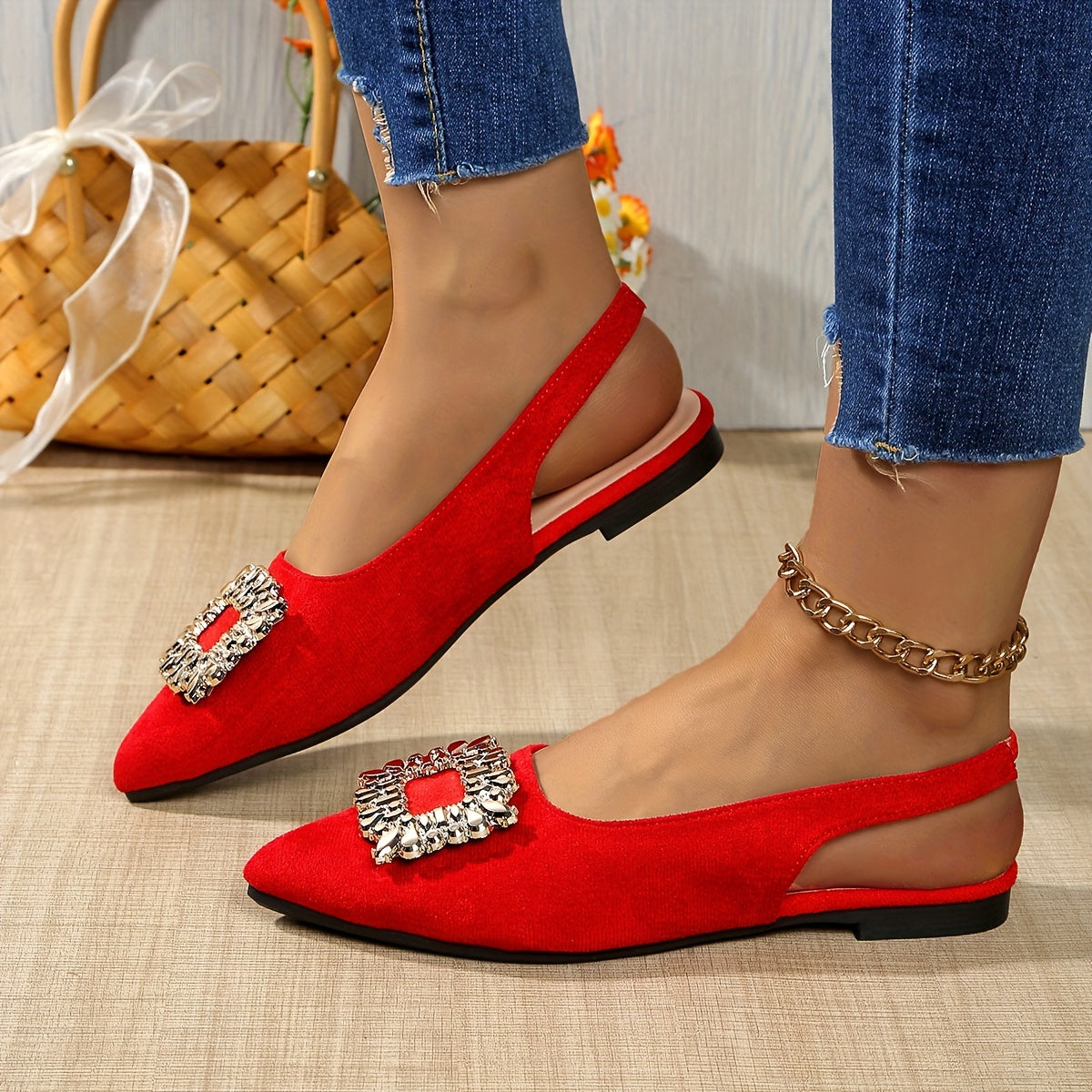 WomenS Stylish Red PointedToe Flat Sandals with Floral Embellishments  Lightweight Summer Beach Shoes Comfortable Fabric Upper  Rubber Sole Perfect for Casual Outings Casual Footwear  Floral Embellished Sandals  Synthetic Cover Insole