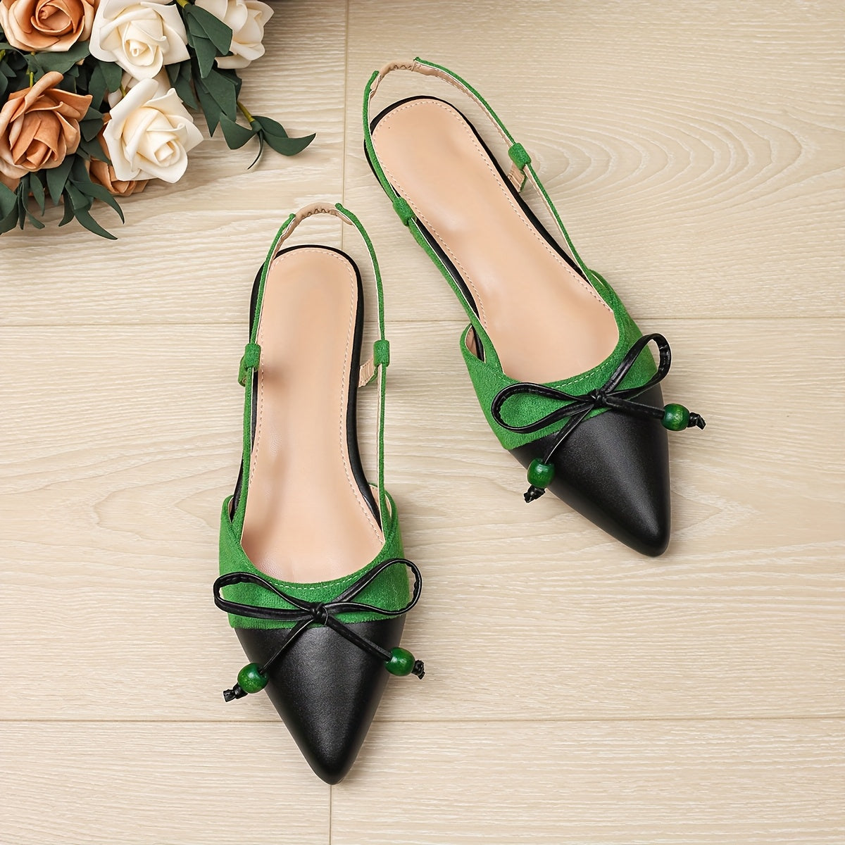 WomenS Pointed Toe Sandals  SlipOn Flat Shoes with Cushioned TPR Sole PU Synthetic Cover  Black  Green Accent  for Office Party Everyday  AllDay Comfort Footwear Ladies Shoes And Sandals Party Footwear Bow Adorned Footwear Durable Comfort S