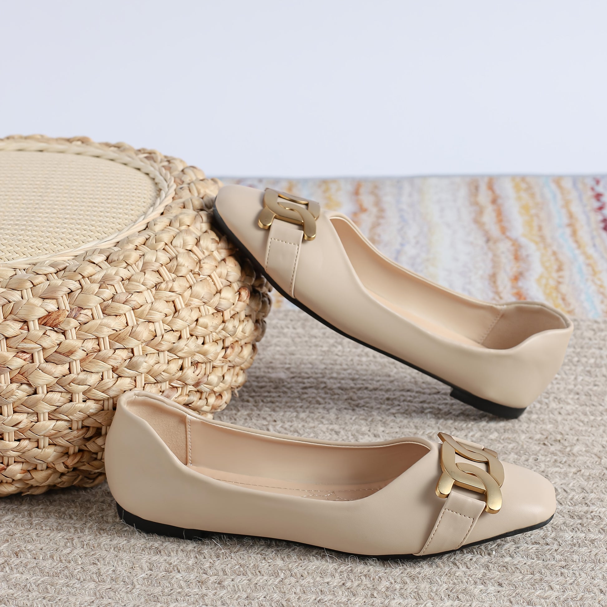 Elegant SlipOn Flats Womens Elegant SlipOn Flats  Light Beige Faux Cover Mary Jane Style with Golden Buckle Detail  Comfortable Casual  Commuting Footwear  Sleek Synthetic Cover Shoes
