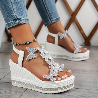 Elegant WomenS Butterfly Embellished Wedge Sandals  White OpenToe Strappy Back Synthetic Upper  Insole Sparkling Rhinestones Summer Fashion Elegant Footwear  Sparkling Sandals  Durable Footwear
