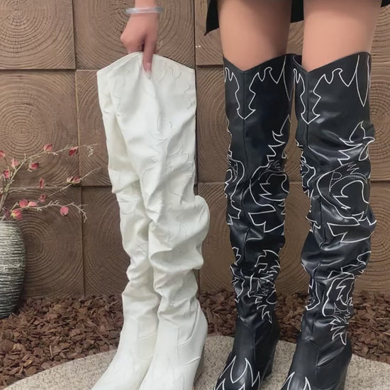 Womens OvertheKnee Western Boots with Geometric Embroidery  SlipOn Chunky Heel Pointed Toe Faux Cover  Rubber Sole for Casual  Formal Outfits Comfortable Boots  Geometric Embroidery Boots  Synthetic Cover