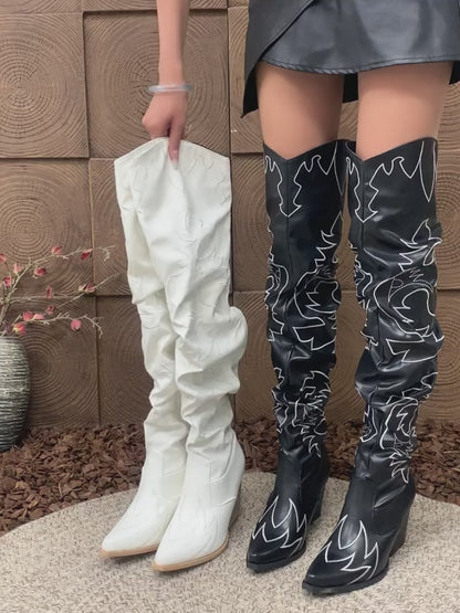 Womens OvertheKnee Western Boots with Geometric Embroidery  SlipOn Chunky Heel Pointed Toe Faux Cover  Rubber Sole for Casual  Formal Outfits Comfortable Boots  Geometric Embroidery Boots  Synthetic Cover