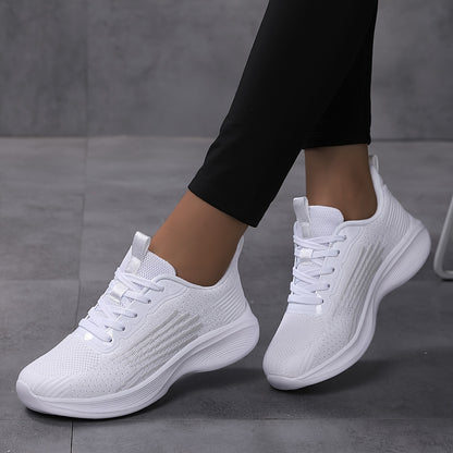 Womens Solid Color Sneakers Breathable Knit Lace Up Outdoor Shoes Comfortable Low Top Sport Shoes