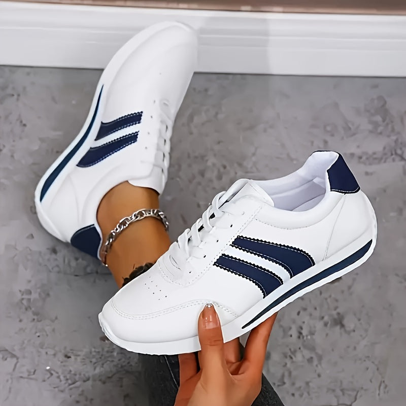 WomenS Lightweight Casual Sneakers  Comfortable NonSlip LaceUp Shoes with Cushioned Insole White  Blue Striped Design LowTop EVA Sole for AllDay Wear Comfortable Walking Shoes  Lowtop Sneakers  Laceup Closure