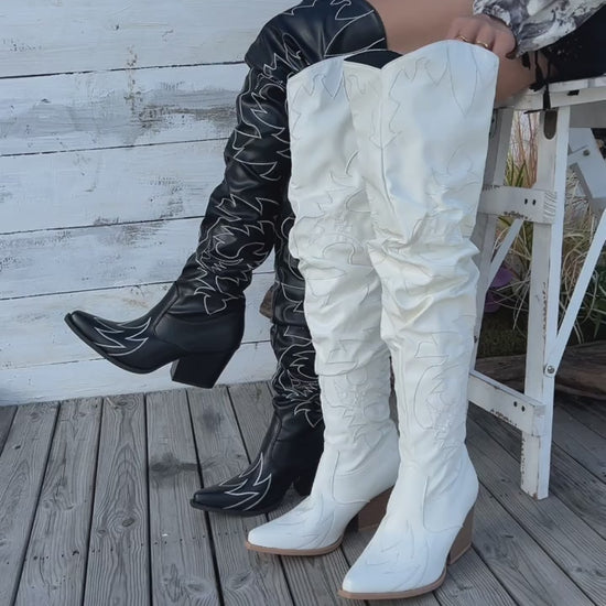 Womens Sexy White OvertheKnee Boots with Chunky Block Heel  Pointed Toe  Floral Embossed Faux Cover SlipOn High Heel Boots for Casual  Formal Wear AllSeason Comfort High Heel Shoes Versatile Footwear Sleek Silhouette Durable Construction St