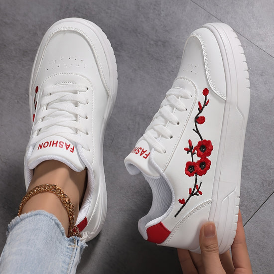 Womens Casual Sneakers  Lightweight LowTop LaceUp Shoes with Floral Embroidery White  Red Accents Breathable Fabric Lining  EVA Sole for AllSeason Comfort Ladies Sneakers Comfortable Footwear Synthetic Cover Upper