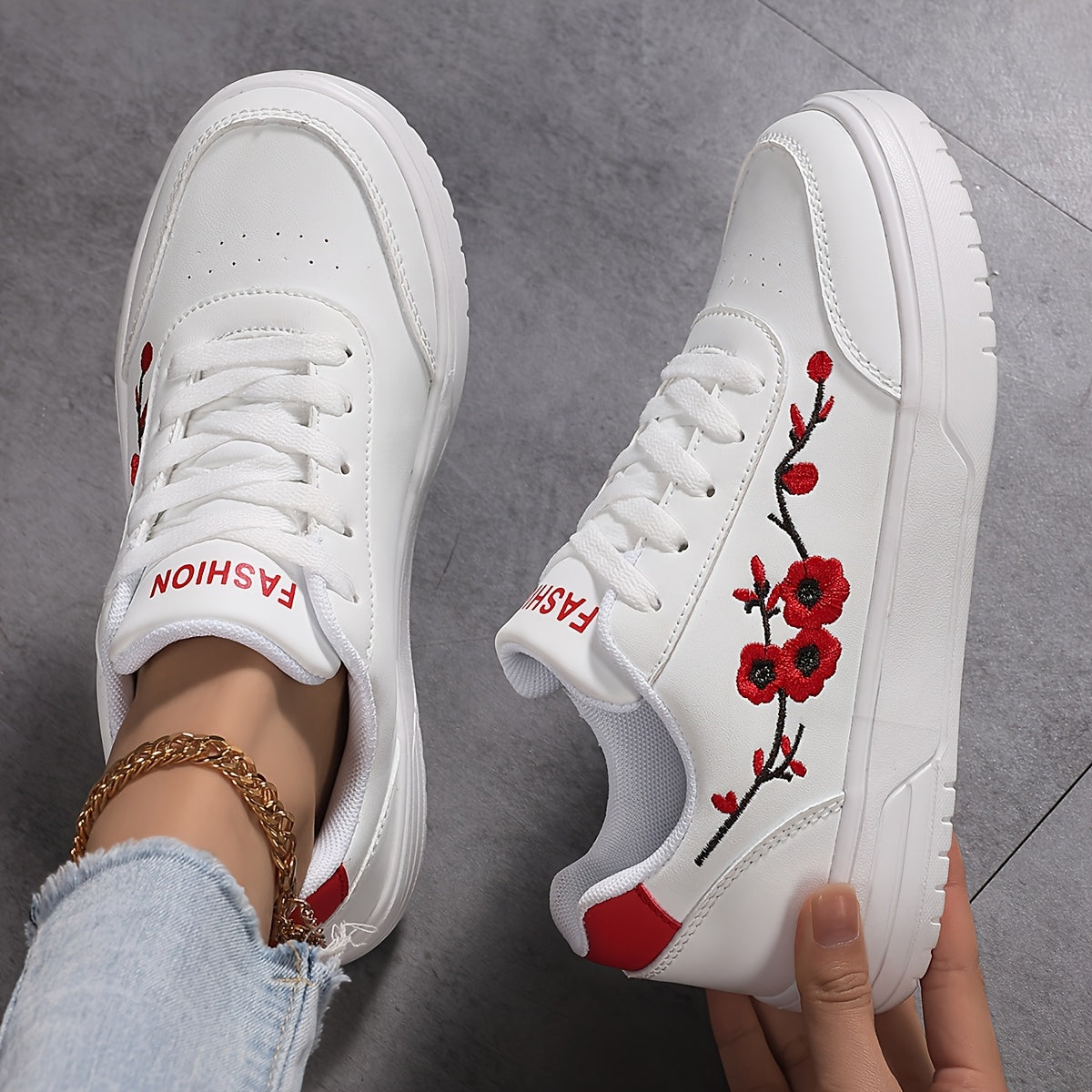 Womens Casual Sneakers  Lightweight LowTop LaceUp Shoes with Floral Embroidery White  Red Accents Breathable Fabric Lining  EVA Sole for AllSeason Comfort Ladies Sneakers Comfortable Footwear Synthetic Cover Upper
