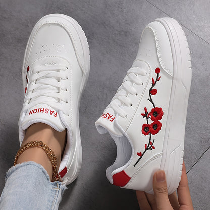 Womens Casual Sneakers  Lightweight LowTop LaceUp Shoes with Floral Embroidery White  Red Accents Breathable Fabric Lining  EVA Sole for AllSeason Comfort Ladies Sneakers Comfortable Footwear Synthetic Cover Upper