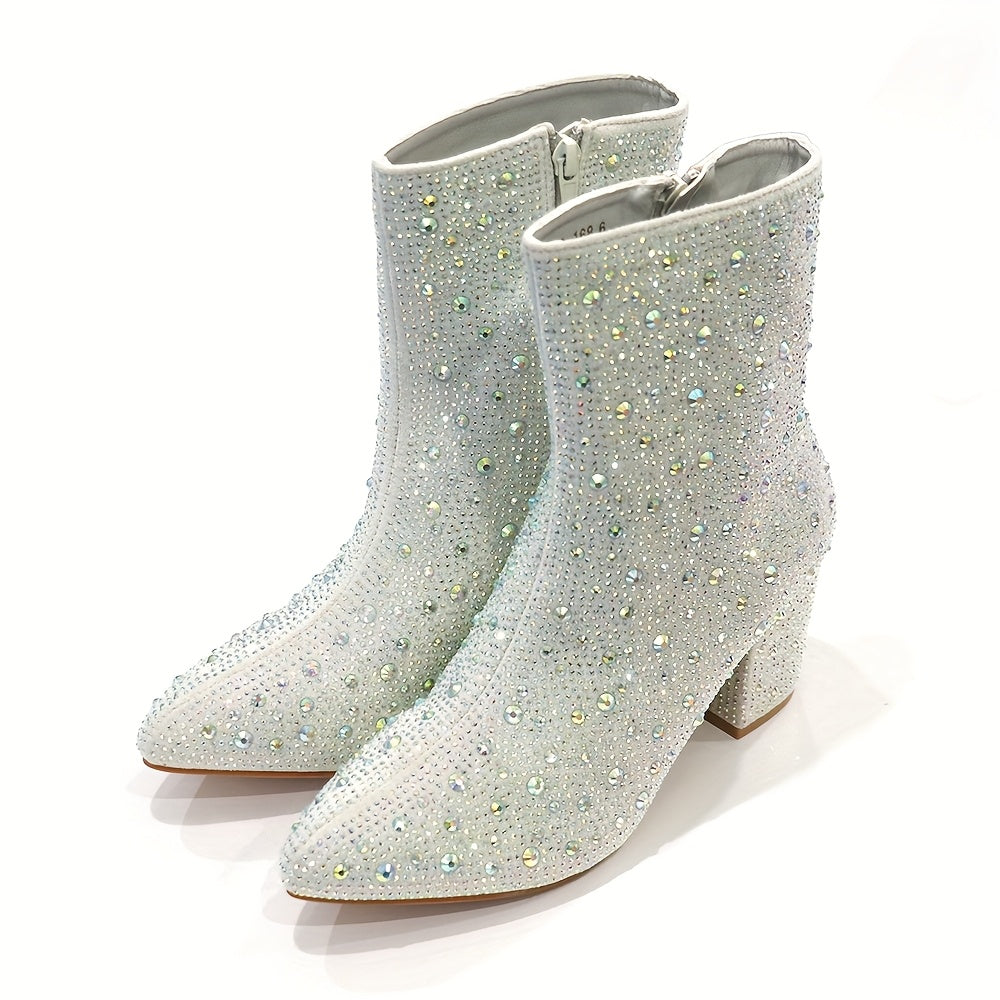 Glittering Rhinestone Boots Womens WesternStyle Ankle Boots  Glittering Rhinestone Side Zipper Chunky Heel Pointed Toe Breathable Fabric Sizes 610 Comfortable Insole Durable TPR Sole