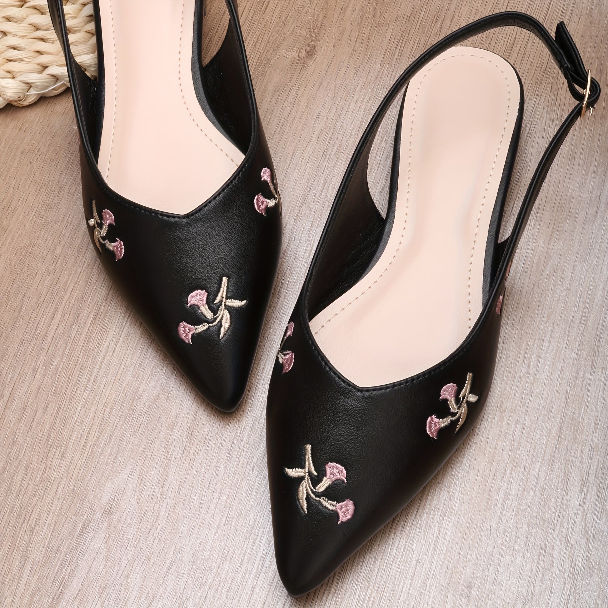 Womens Chinese Floral Sandals  Pointed Toe SlipOn Shoes with Cushioned Insole PU Synthetic Cover BlackSoft Pink Floral  AllSeason Formal  casual Footwear for Parties Office Everyday  EasyClean Womens Flats Ladies Shoes Office Wear Elegan