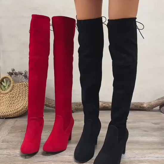 WomenS Sexy Chunky Heel Long Boots  Stretchy Side Zipper Closure Pointed Toe  UltraHigh Heel AllSeason Versatile Fabric Boots for Dresses  Outfits Sleek Boot Design