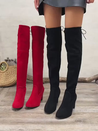 WomenS Sexy Chunky Heel Long Boots  Stretchy Side Zipper Closure Pointed Toe  UltraHigh Heel AllSeason Versatile Fabric Boots for Dresses  Outfits Sleek Boot Design