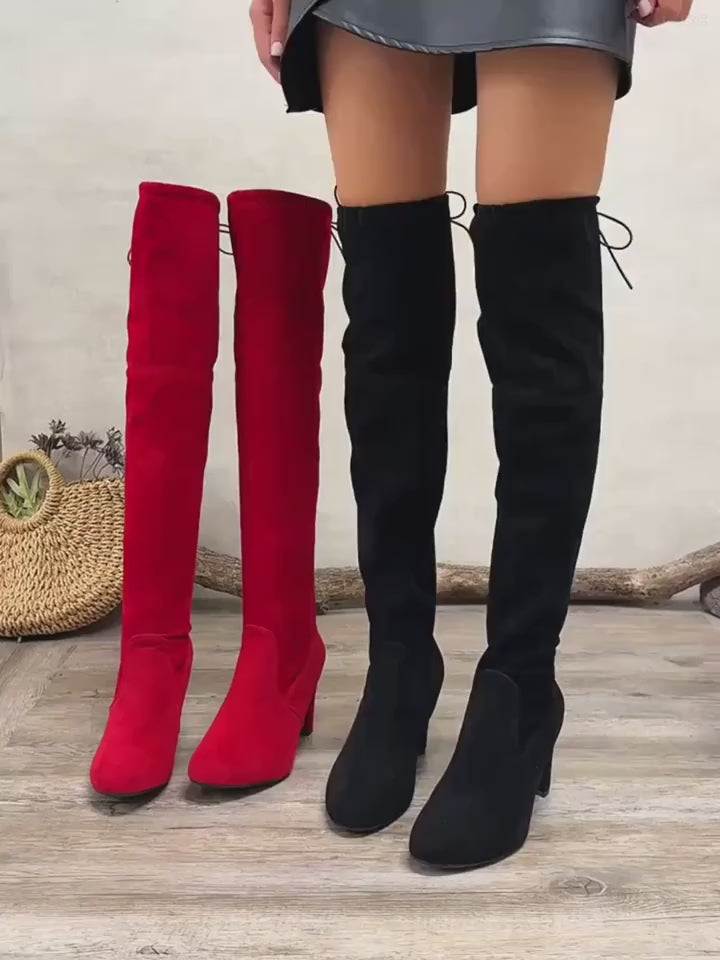 WomenS Sexy Chunky Heel Long Boots  Stretchy Side Zipper Closure Pointed Toe  UltraHigh Heel AllSeason Versatile Fabric Boots for Dresses  Outfits Sleek Boot Design
