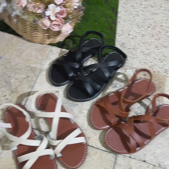 WomenS Black RomanStyle Flat Sandals with Cross Straps  Open Toe Elastic Bands Rubber Sole Synthetic Insole  Upper Ideal for Summer Beach  Casual Wear Beach Footwear  Elegant Sandal Design  Comfortable Footwear