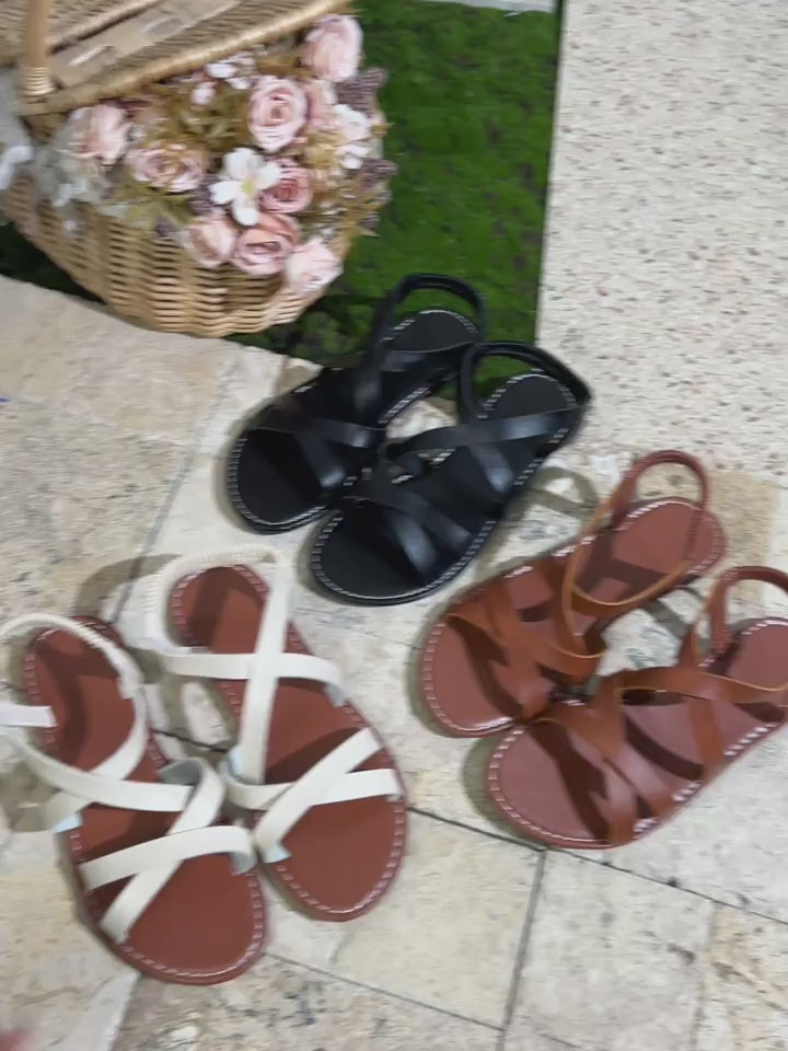 WomenS Black RomanStyle Flat Sandals with Cross Straps  Open Toe Elastic Bands Rubber Sole Synthetic Insole  Upper Ideal for Summer Beach  Casual Wear Beach Footwear  Elegant Sandal Design  Comfortable Footwear