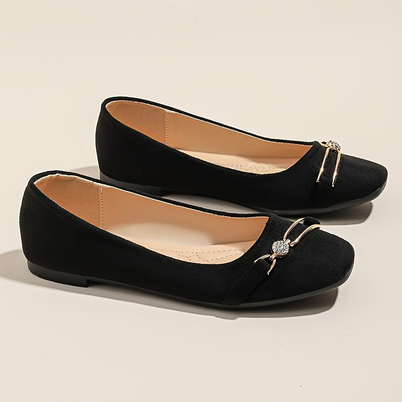 WomenS Elegant Black SlipOn Flats with Decorative Metallic Buckle  Comfortable Fabric Upper Rubber Sole Square Toe Design for Daily Commute Casual Fashion Shoes Ladies Shoes